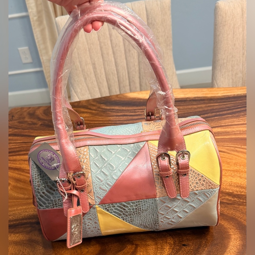 Sharif Multicolor Patchwork Leather Satchel - Coral, Yellow, Beige - Picture 5 of 16